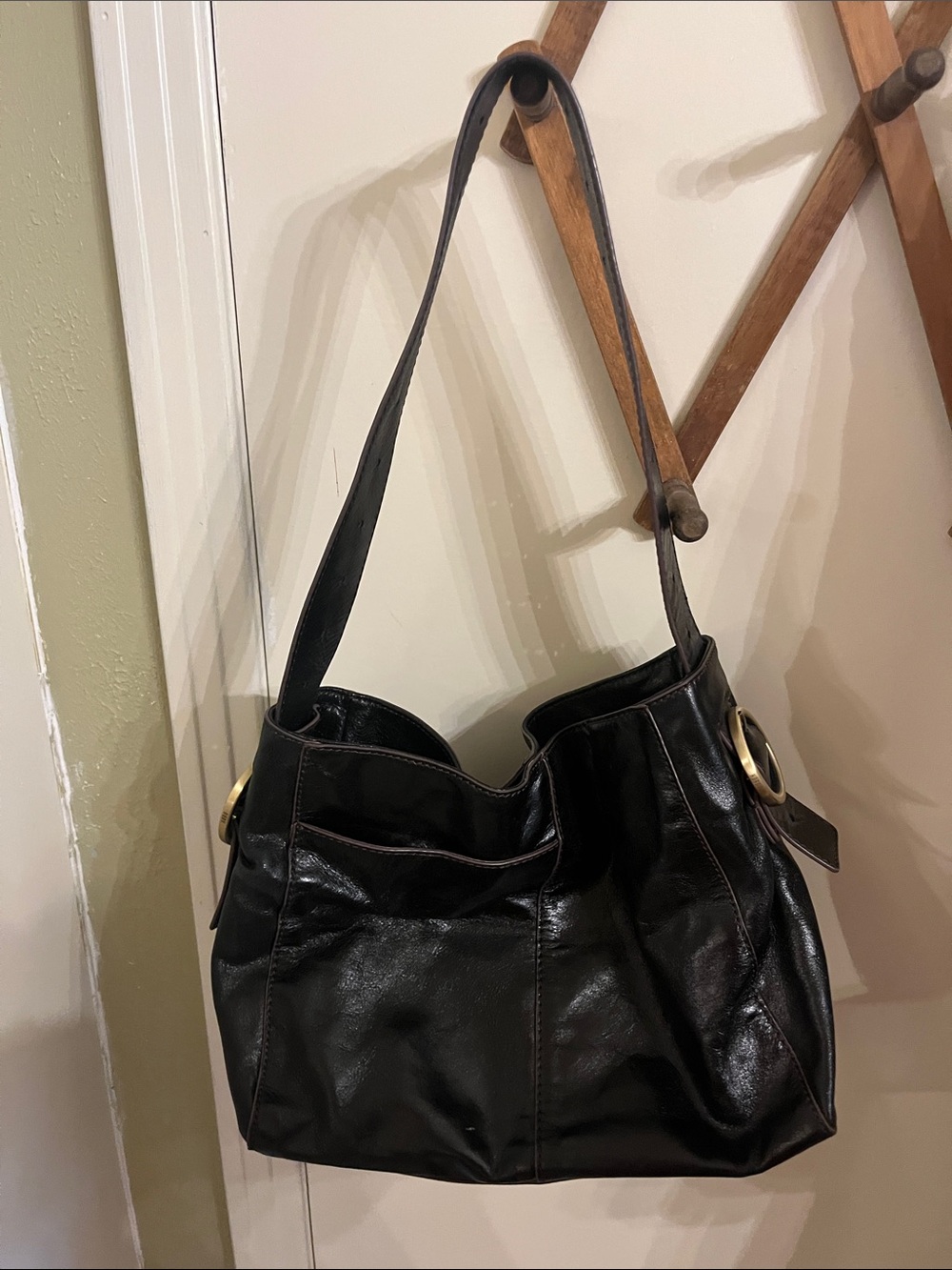 Hobo Black Leather Shoulder Bag with Gold Rings